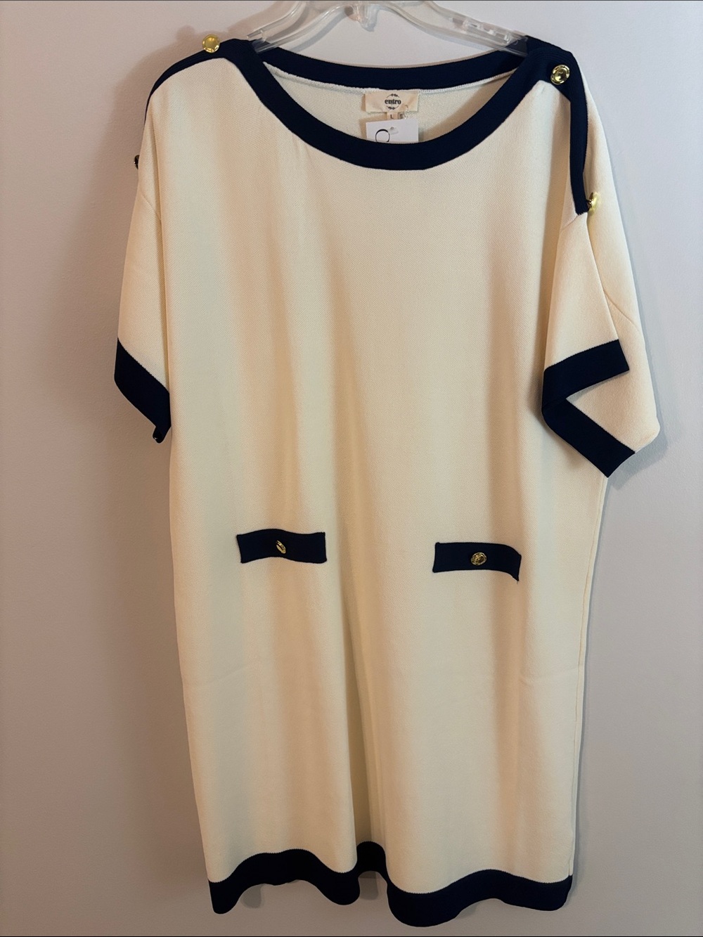 entro Cream Midi Shift Dress with Black Trim and Gold Buttons